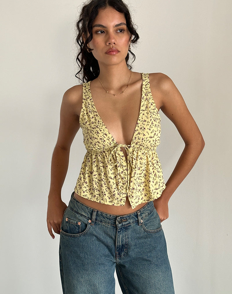 Rolia Tie Front Top in Flowing Flower Yellow