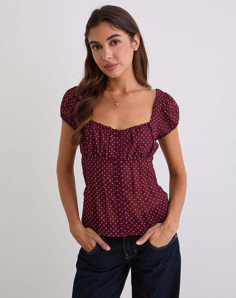 Rolina Bluse aus Chiffon Mini Polka Burgundy