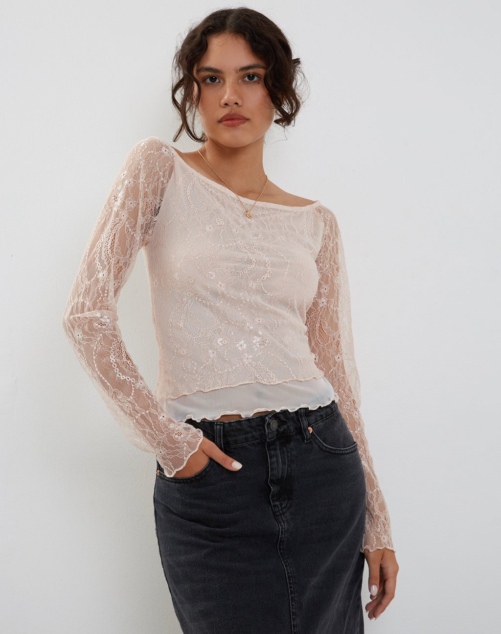 Rory Long Sleeve Lace Top in Pink
