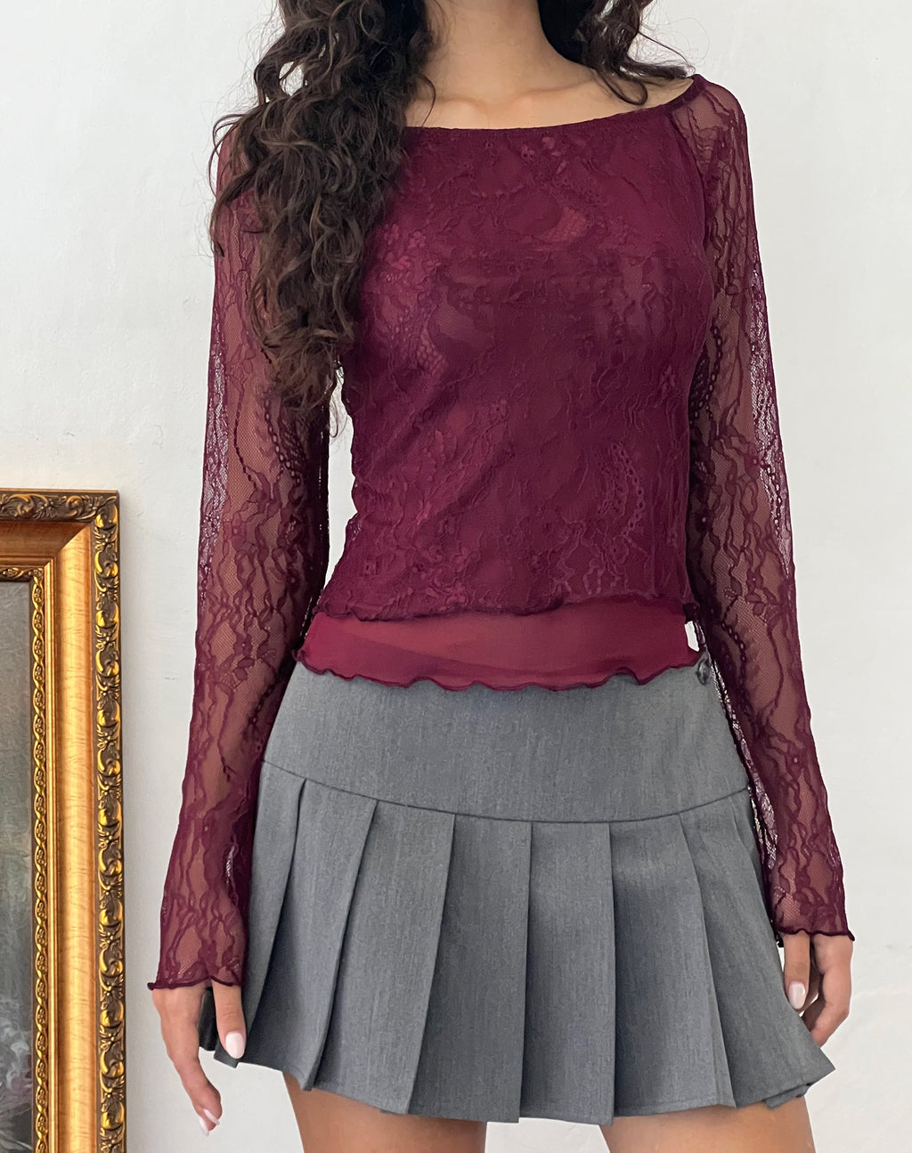 Rory Long Sleeve Top in Lace Burgundy