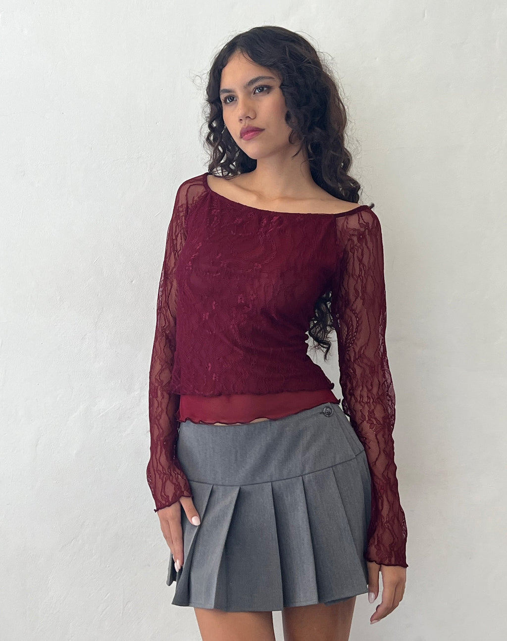 Rory Long Sleeve Top in Lace Burgundy