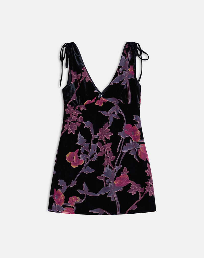 Image of Rosmila Mini Dress in Black with Floral Devore Print