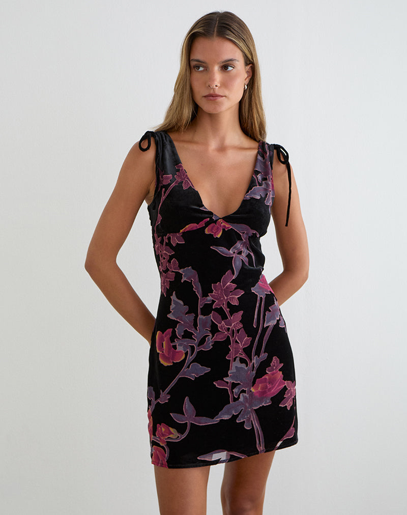 Image of Rosmila Mini Dress in Black with Floral Devore Print