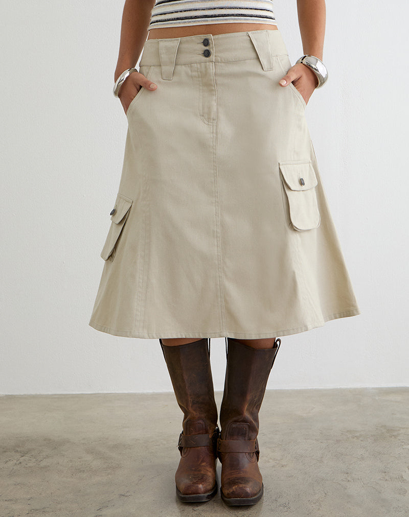 Rovie Utilty Cargo Skirt in Cotton Twill Latte