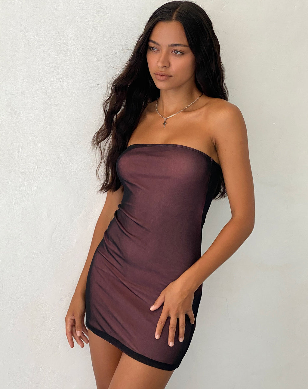 Rowena Bandeau Mesh Mini Dress in Black with Pink Lining