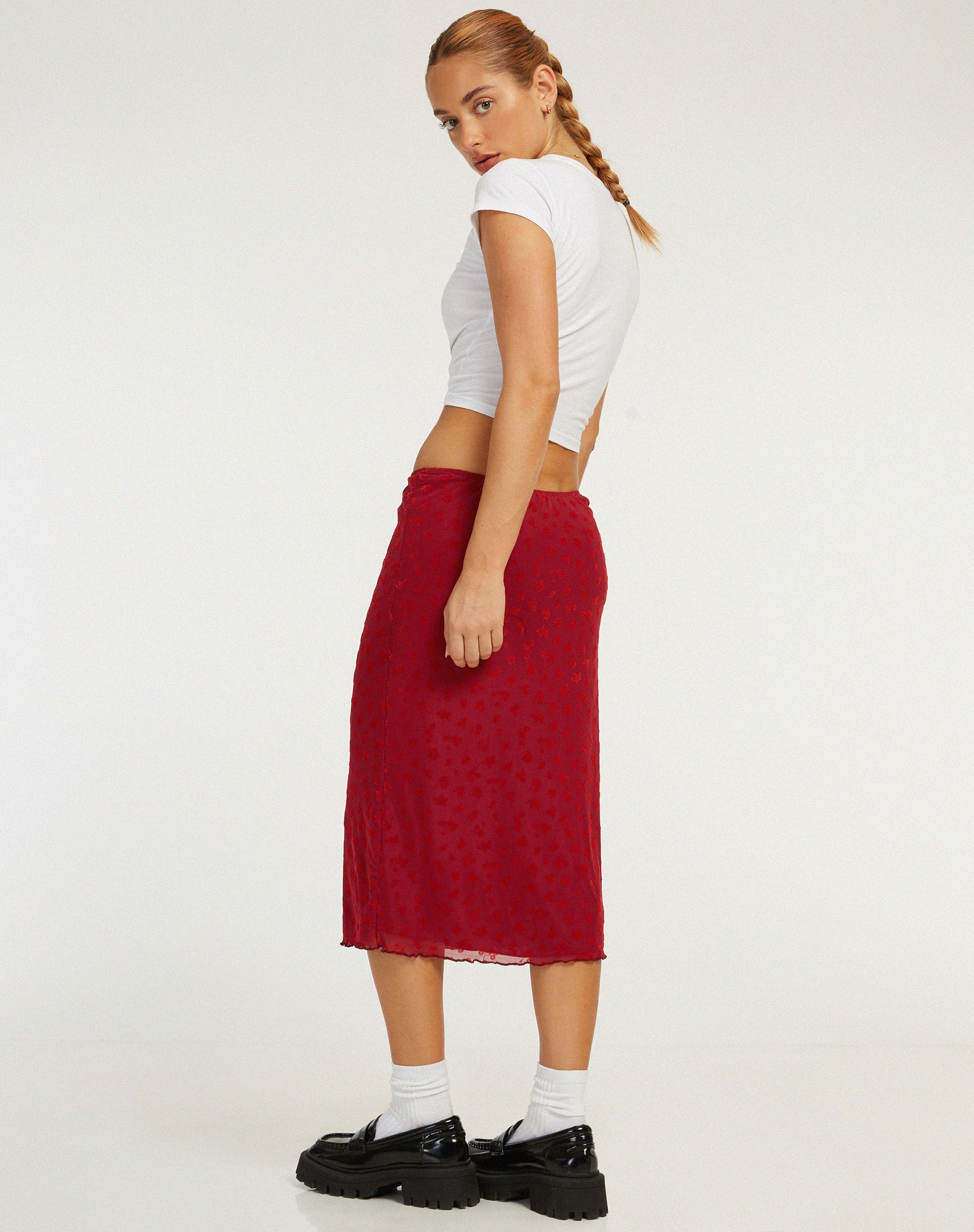 image of Rujha Midi Skirt in Red Flock Mesh