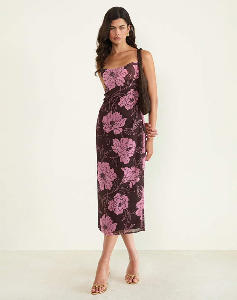 Image of Rujira Cowl Midi Dress in Flare Floral Pink Brown