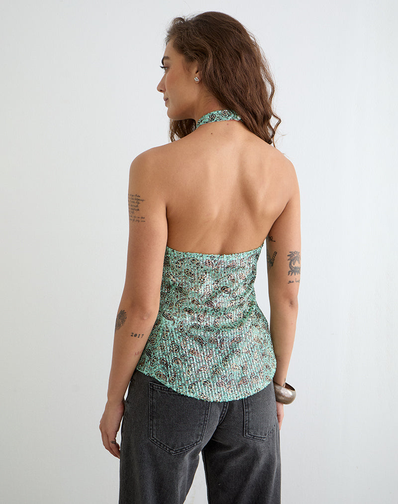 Image of Ruwiko Halterneck Top in Paisley Sequin Teal