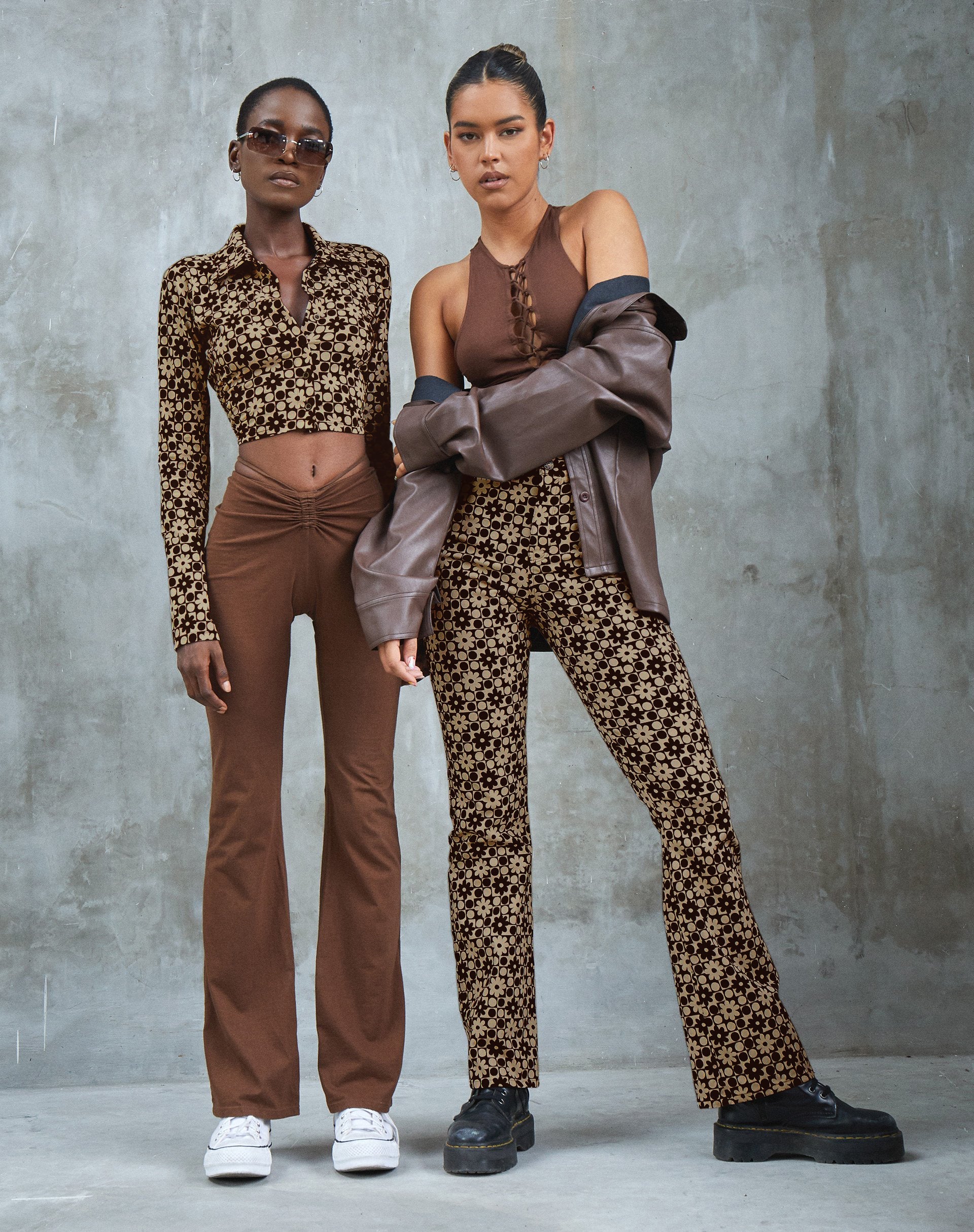 Image of Zoven Flare Trouser in Patchwork Daisy Brown