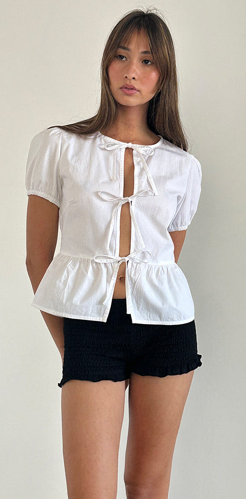 image of Ryota Tie Front Blouse in White with White Binding