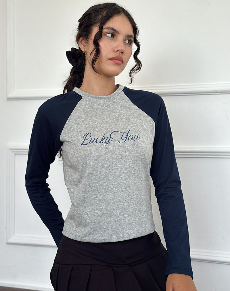 Sabani Top in Grey Marl Navy with Lucky You Print