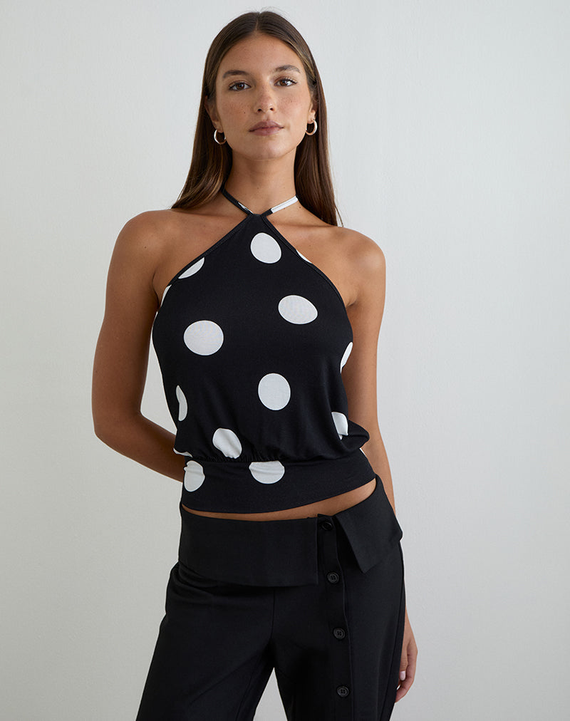 Saerin Neckholder-Top in Schwarz mit weißen Polka-Punkten