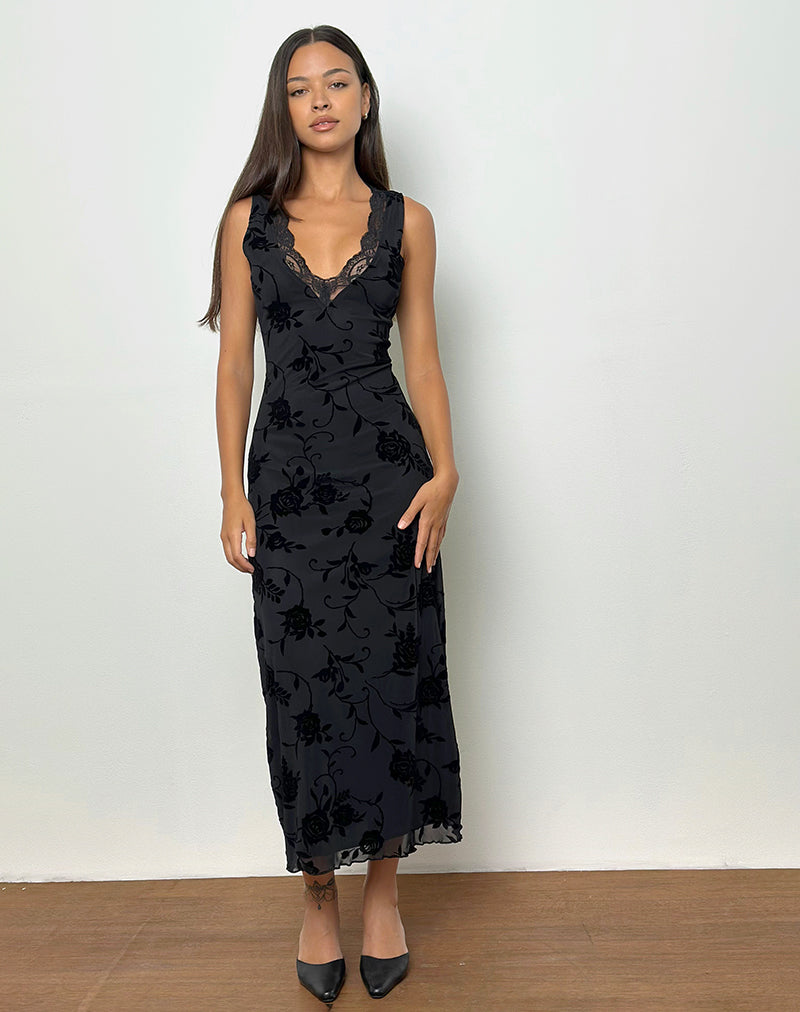 Image of Saga Midi Dress in Rose Flock Black