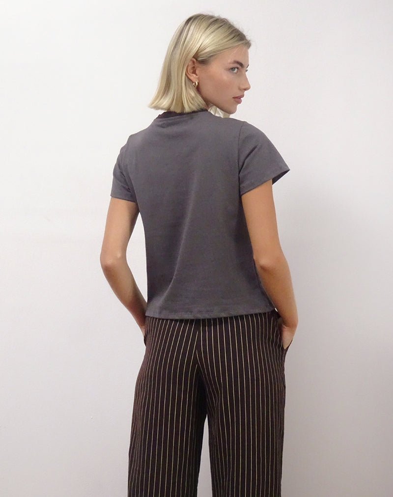 Image of Sakha Boxy Tee in Dark Grey with London Print and Brown Binding