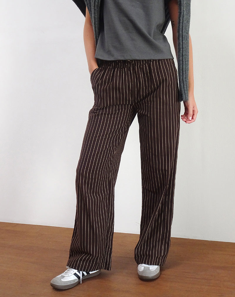 Pantalon large en lin Wasic à rayures crayon couleur acajou foncé