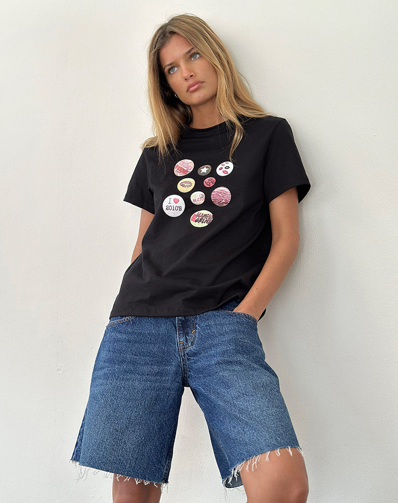 Image of Saki Tee in Black with Badges Graphic