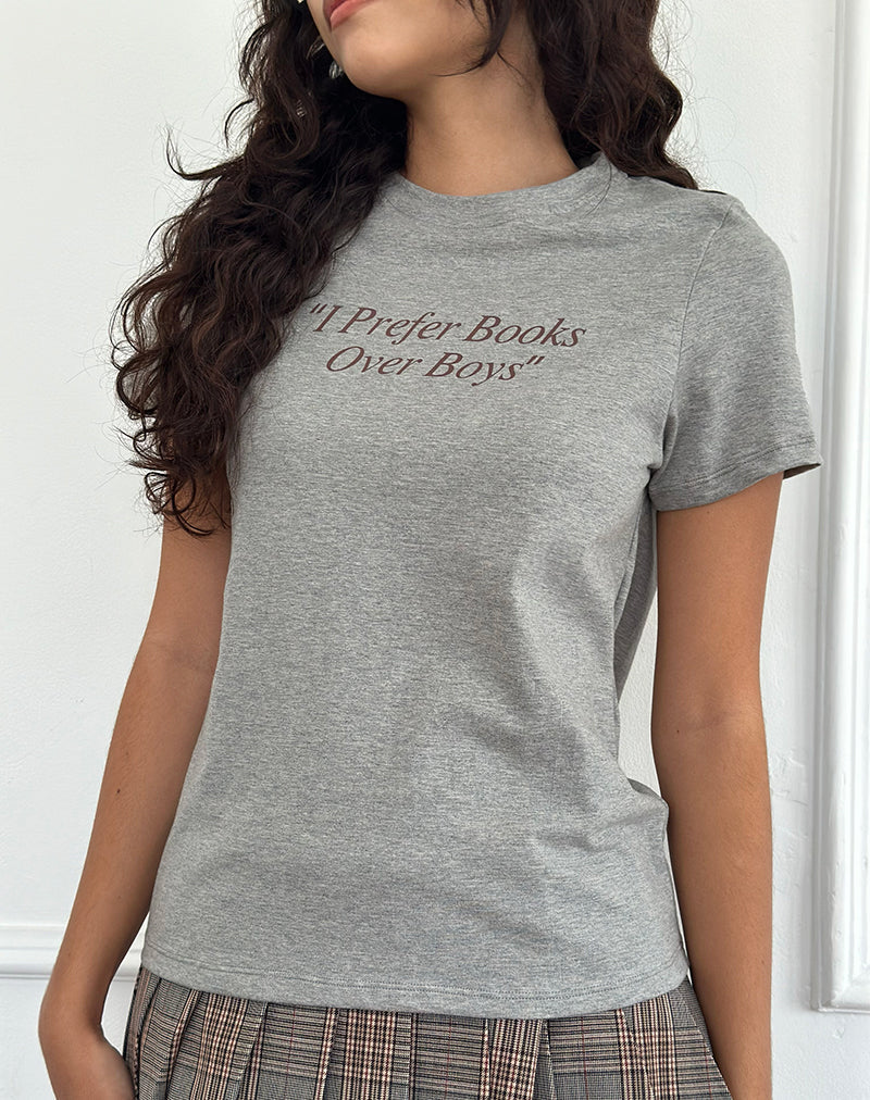 T-shirt Saki en gris chiné avec le slogan « Je préfère les livres aux garçons »