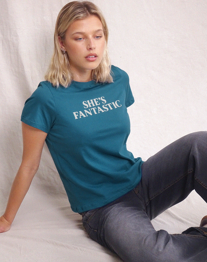 Image of Saki Tee in Mediterranean Blue with She's Fantastic Slogan