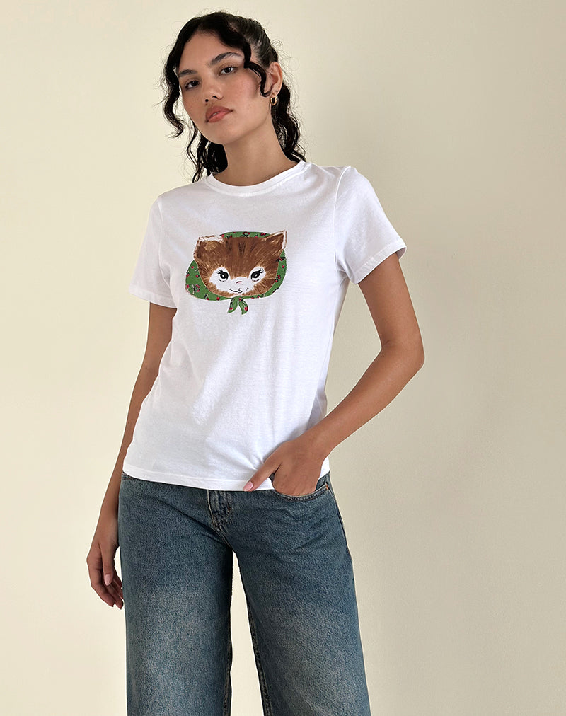 Saki White Tee in Kitty Print