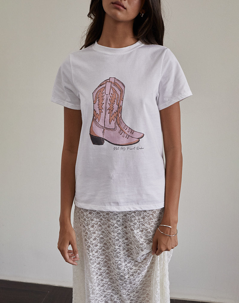 T-shirt Saki blanc avec imprimé bottes de cowboy roses