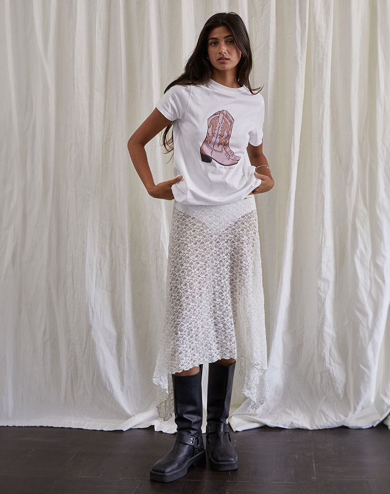 Saki Tee in White with Pink Cowboy Boot Print