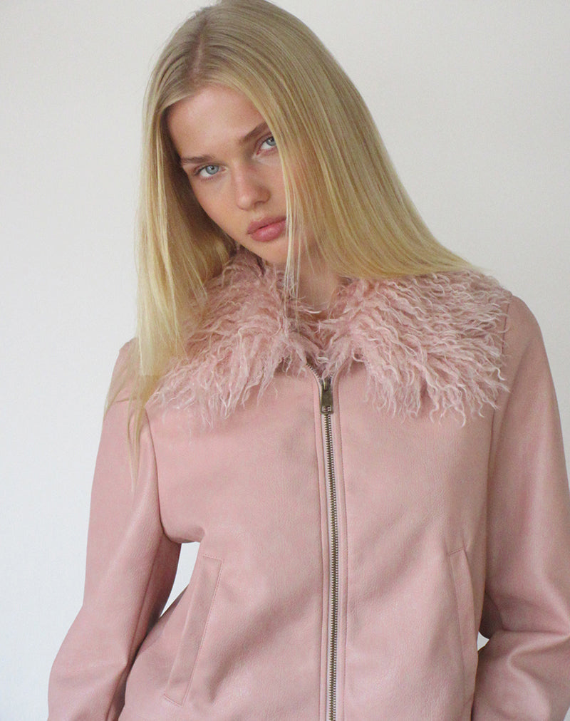 Image of Saku Jacket in PU Dusty Pink with Faux Fur Collar
