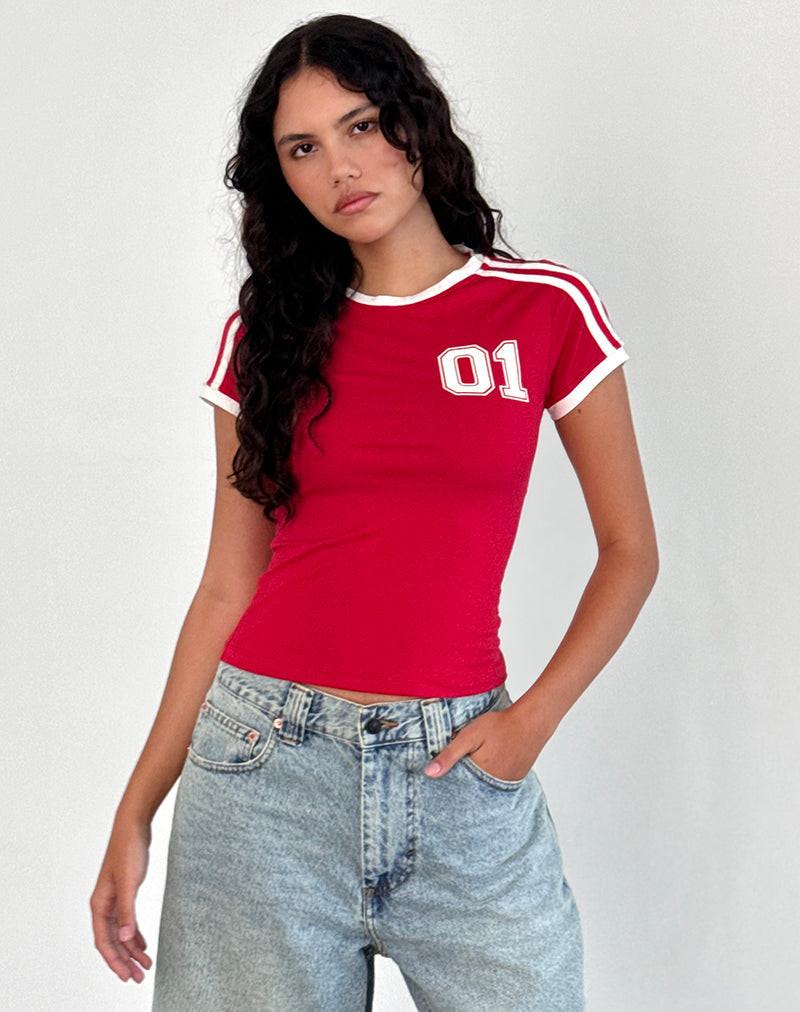 Image of Salda Tee in Tango Red with Off White Binding
