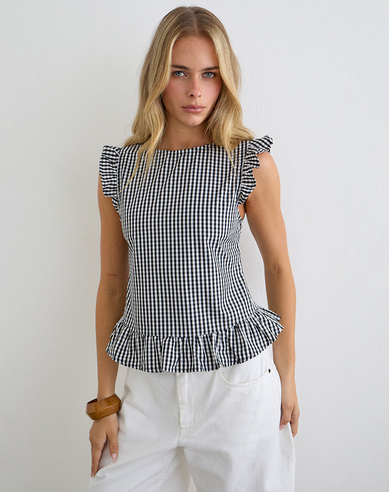 Salome Peplum Top in Mini Gingham Grey