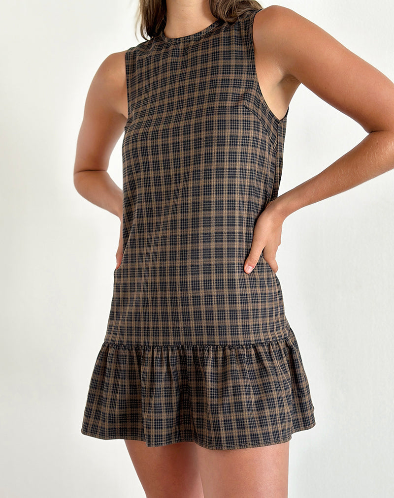 Brown Check Print Sleeveless Babydoll Mini Dress | Samana