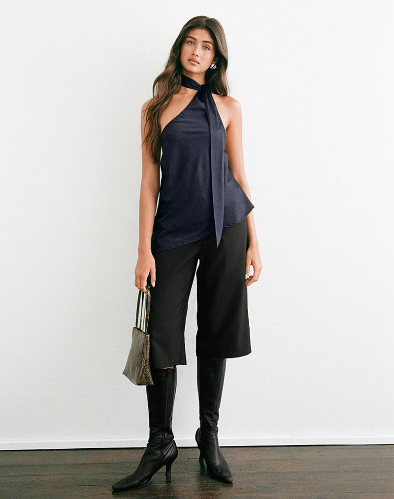 Sambara Asymmetric Halter Top with Scarf Tie in Satin Navy