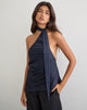 Image of Sambara Asymmetric Halter Top with Scarf Tie in Satin Navy