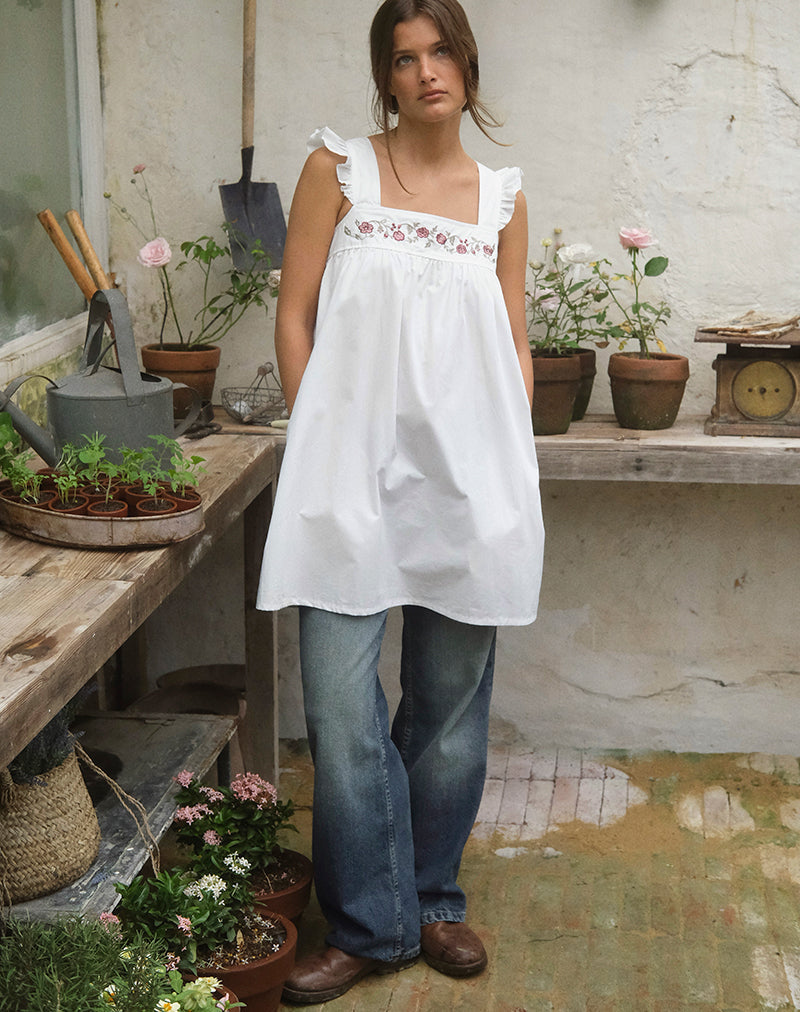 Sanaly Mini Dress in Poplin White with Cherry Blossom Embroidery