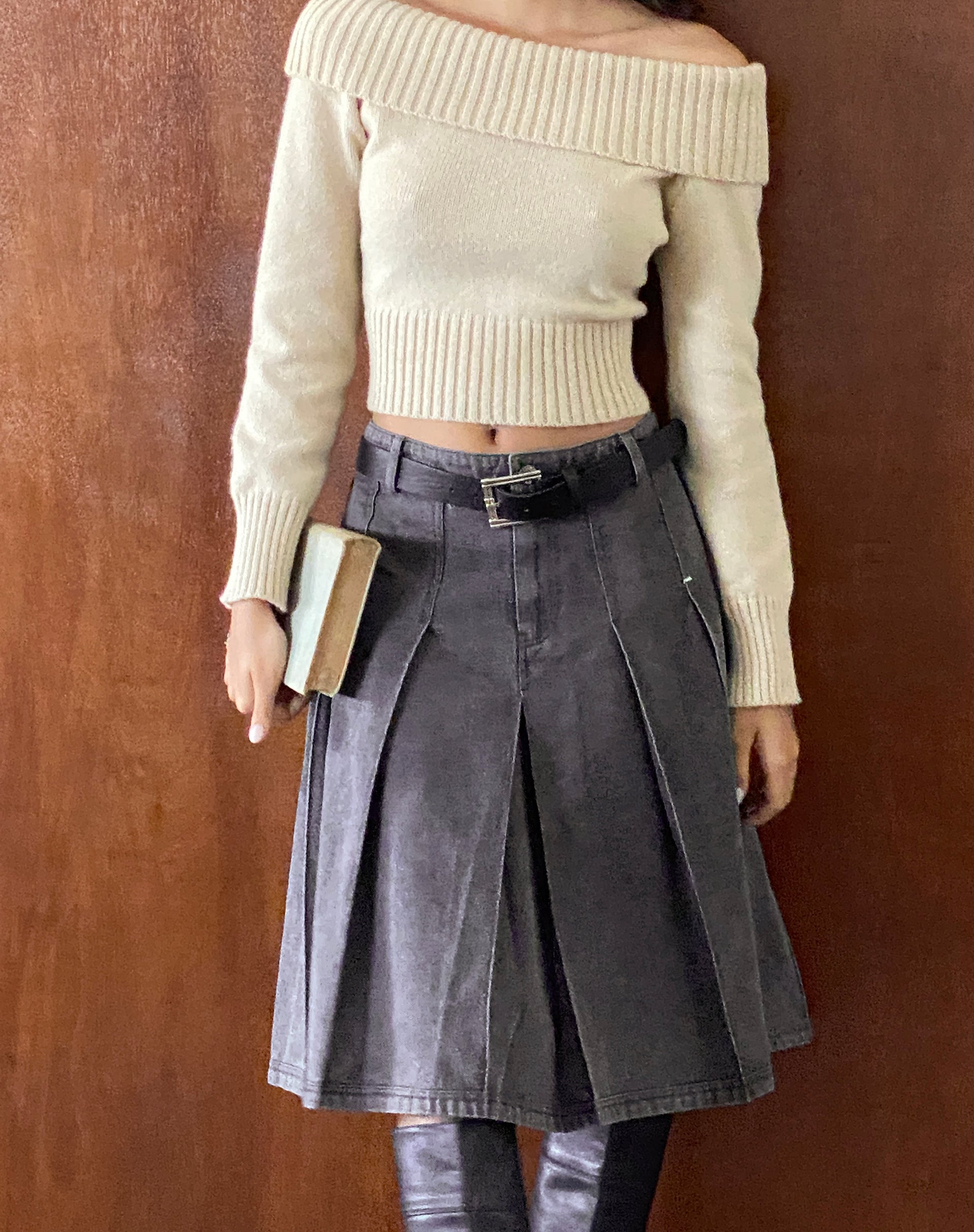 Denim midi shop skirt pleated