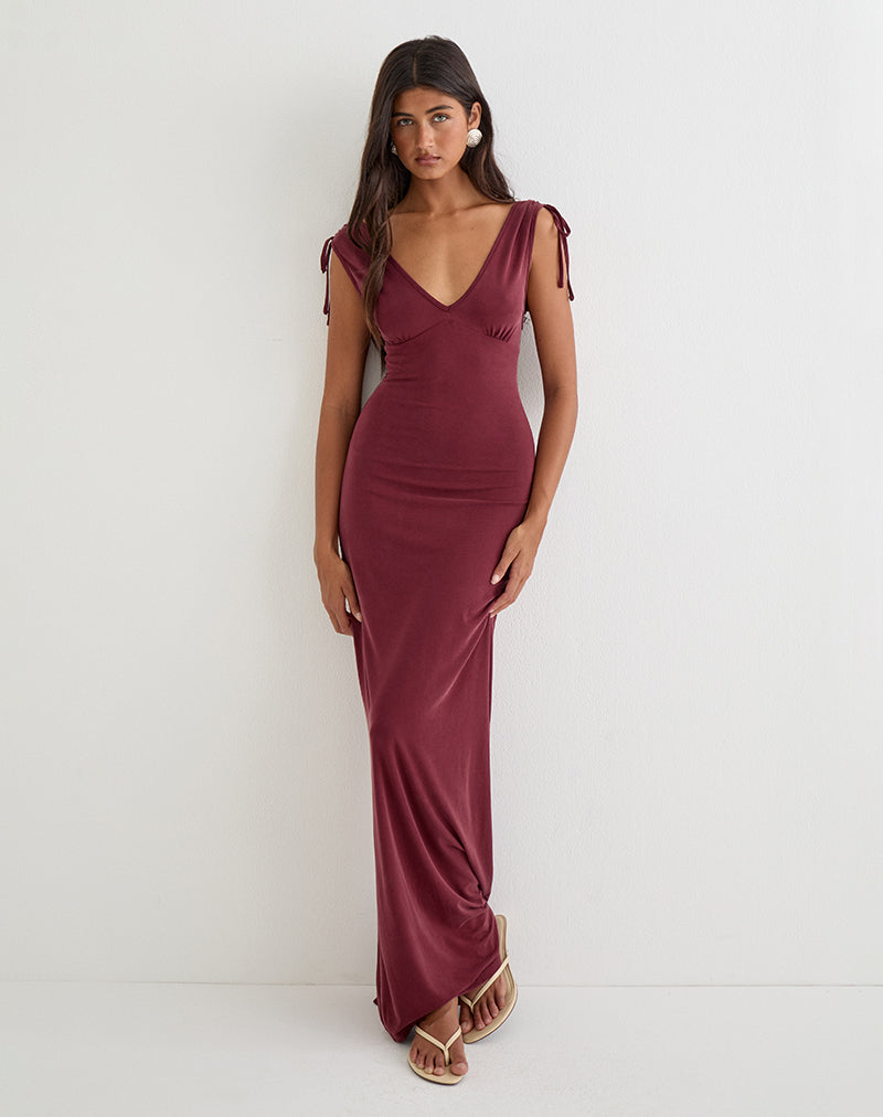 Sanyu Plunge Maxi Dress in Cupro Burgundy