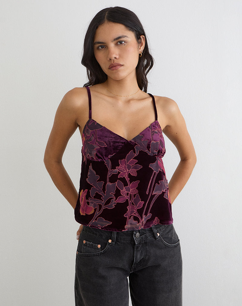 Image of Sarinda Cami Top in Floral Devore Burgundy