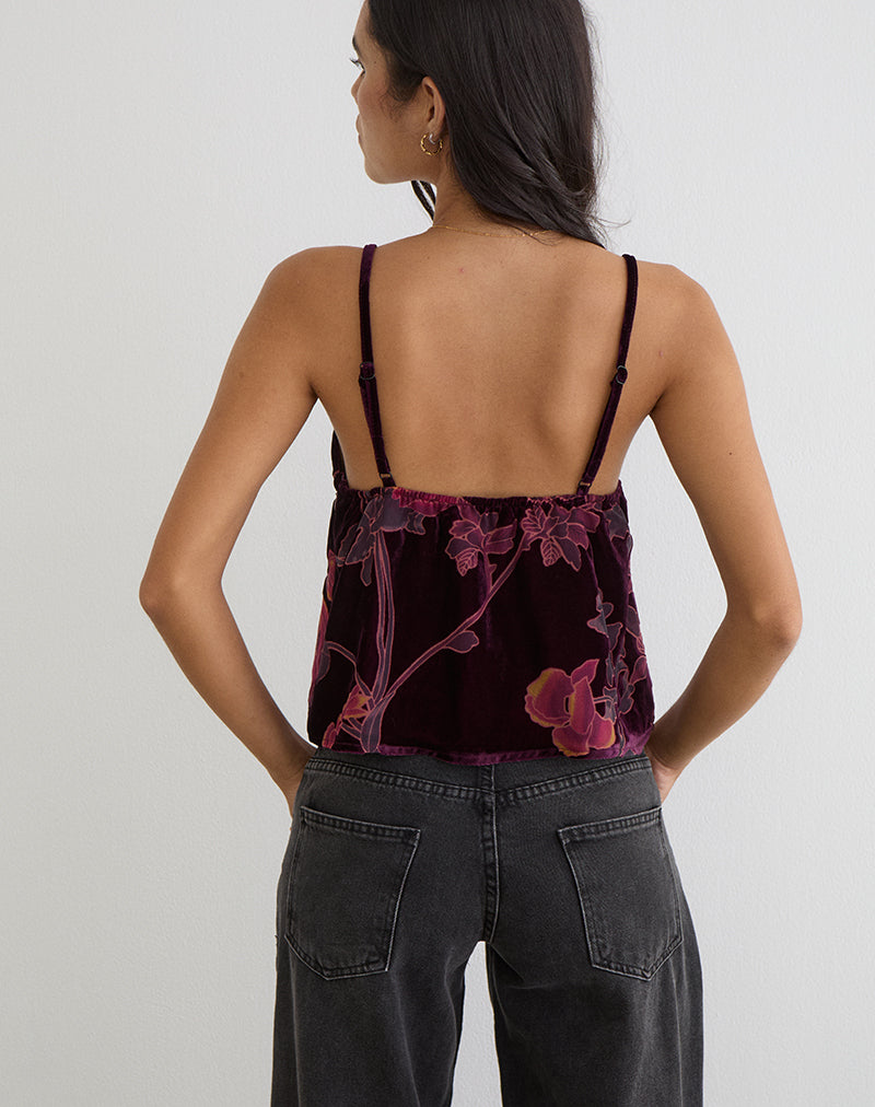 Image of Sarinda Cami Top in Floral Devore Burgundy
