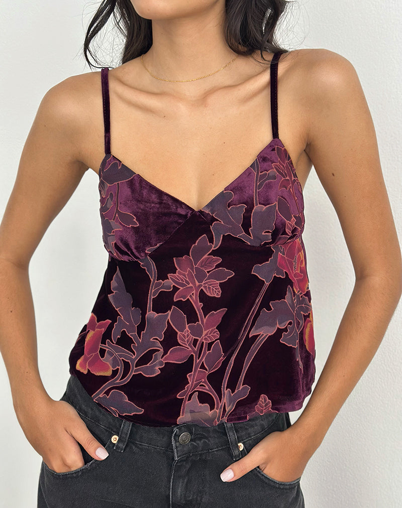 Image of Sarinda Cami Top in Floral Devore Burgundy