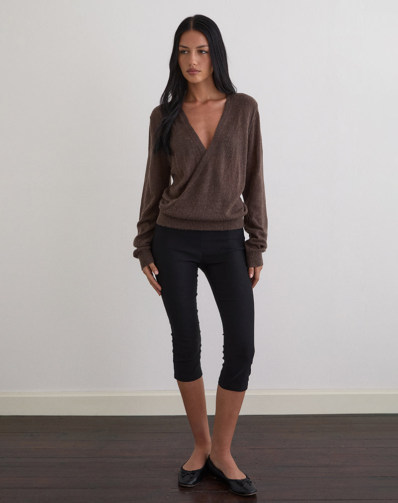 Image of Saroya Plunge Wrap Top in Knit Dark Chocolate