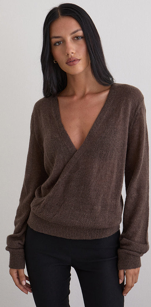 Image of Saroya Plunge Wrap Top in Knit Dark Chocolate