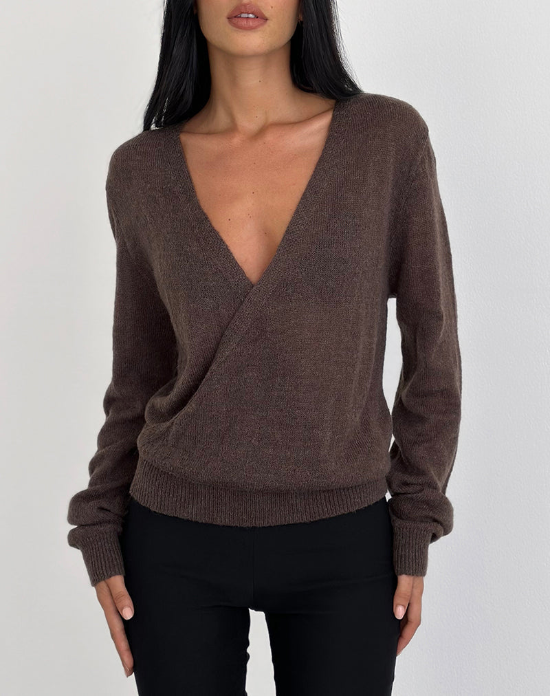 Image of Saroya Plunge Wrap Top in Knit Dark Chocolate