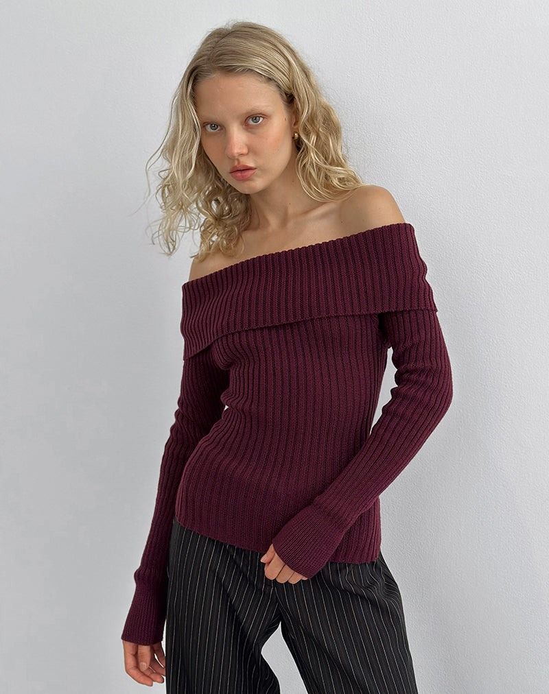 Saskia Bardot Bow Back Top in Dark Cherry