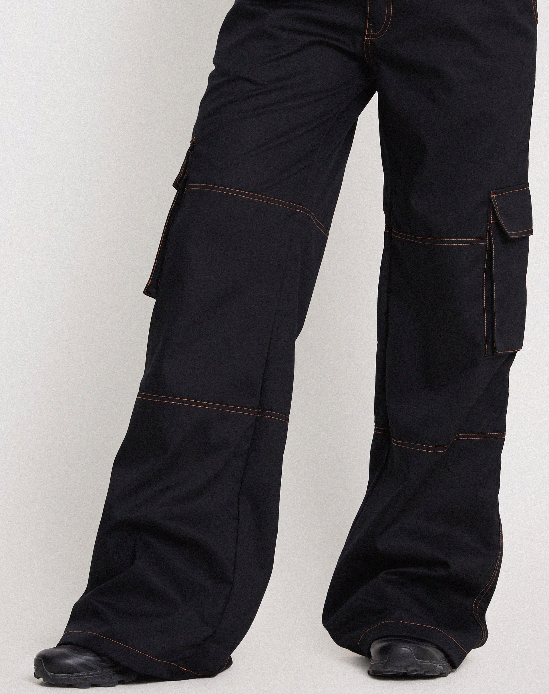 Image of Saul Wide Leg Cargo Trouser in Black with Orange Stitching