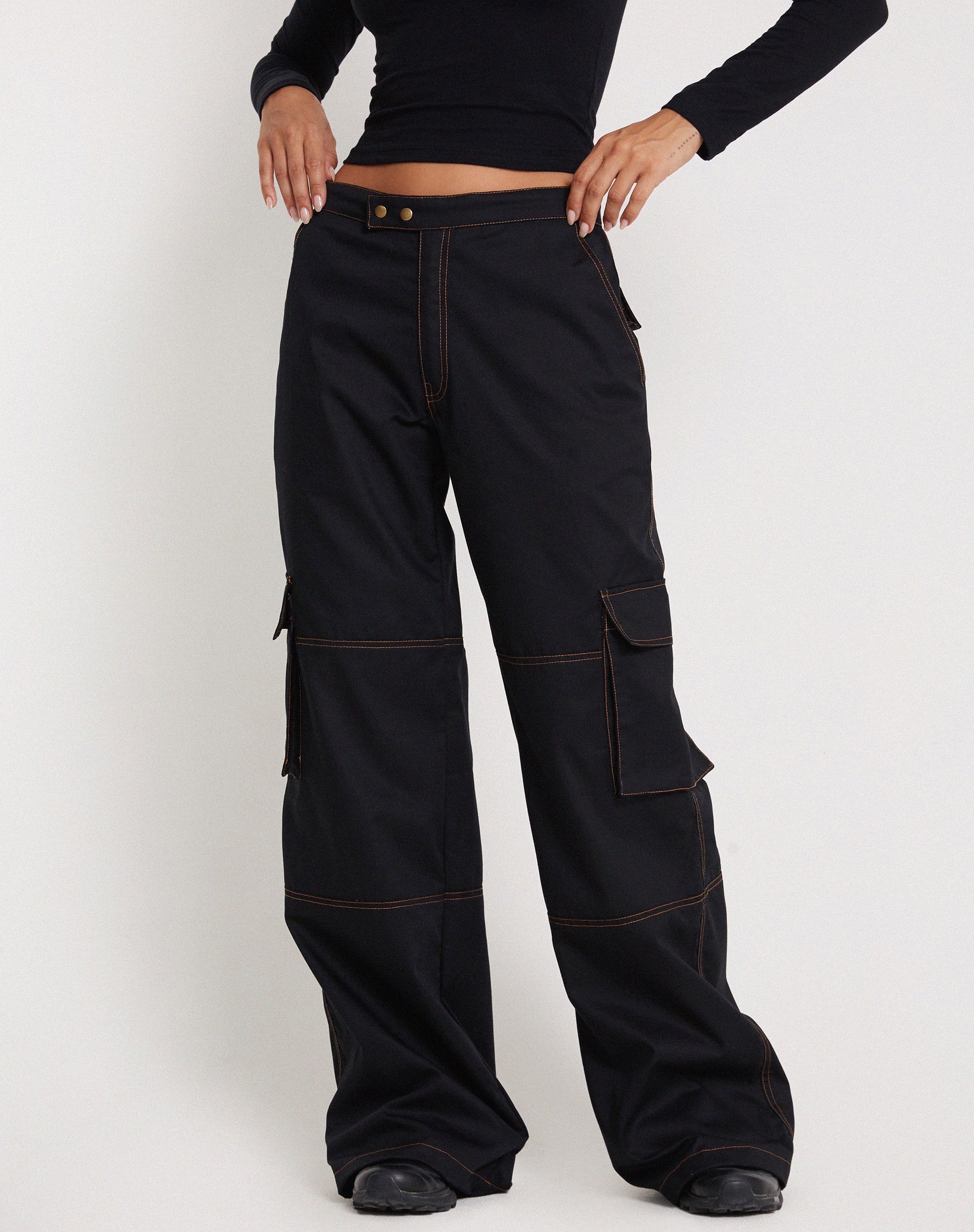 Image of Saul Wide Leg Cargo Trouser in Black with Orange Stitching