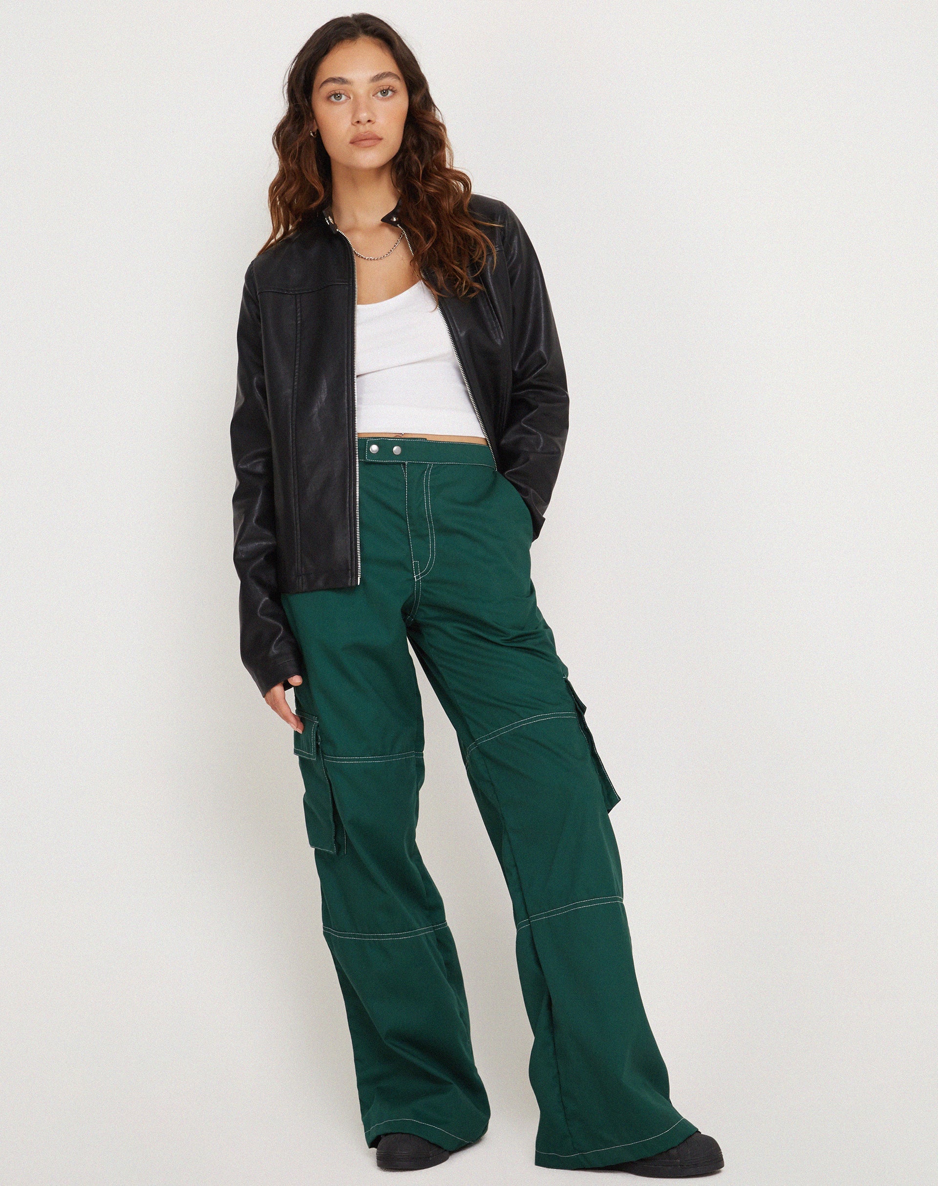 Image of Saul Wide Leg Cargo Trouser in Bottle Green with White Stitching