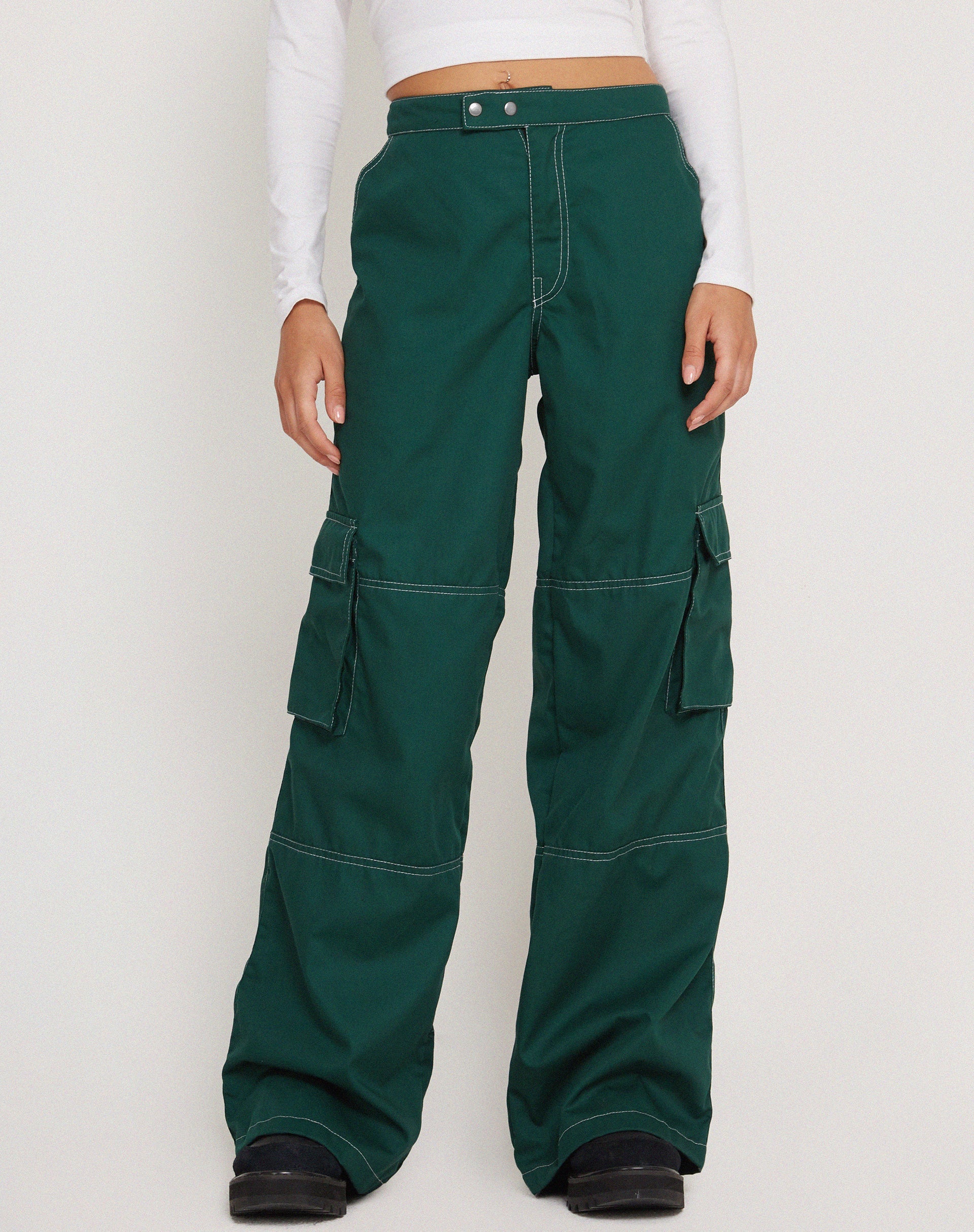 Image of Saul Wide Leg Cargo Trouser in Bottle Green with White Stitching