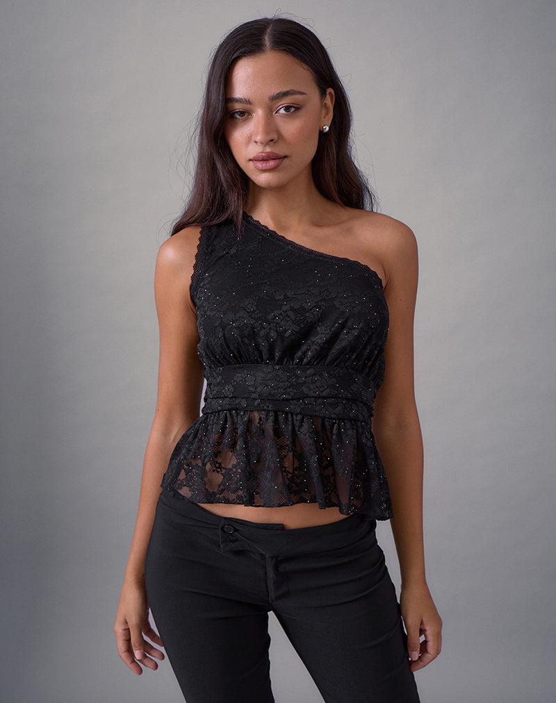 Sayong One Shoulder Top aus floraler Spitze Schwarz