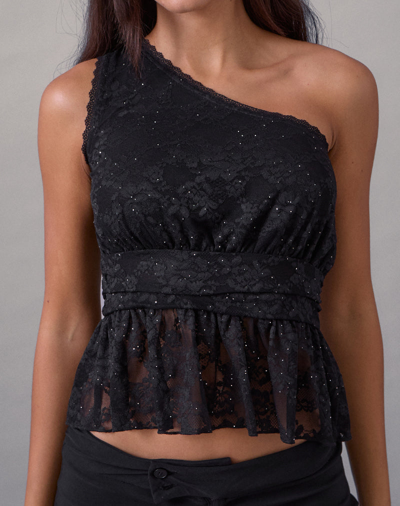 Sayong One Shoulder Top aus floraler Spitze Schwarz