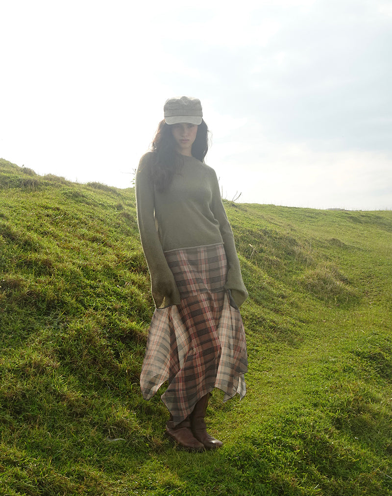 Sedra Midi Skirt in Brown and Pink Blurry Check