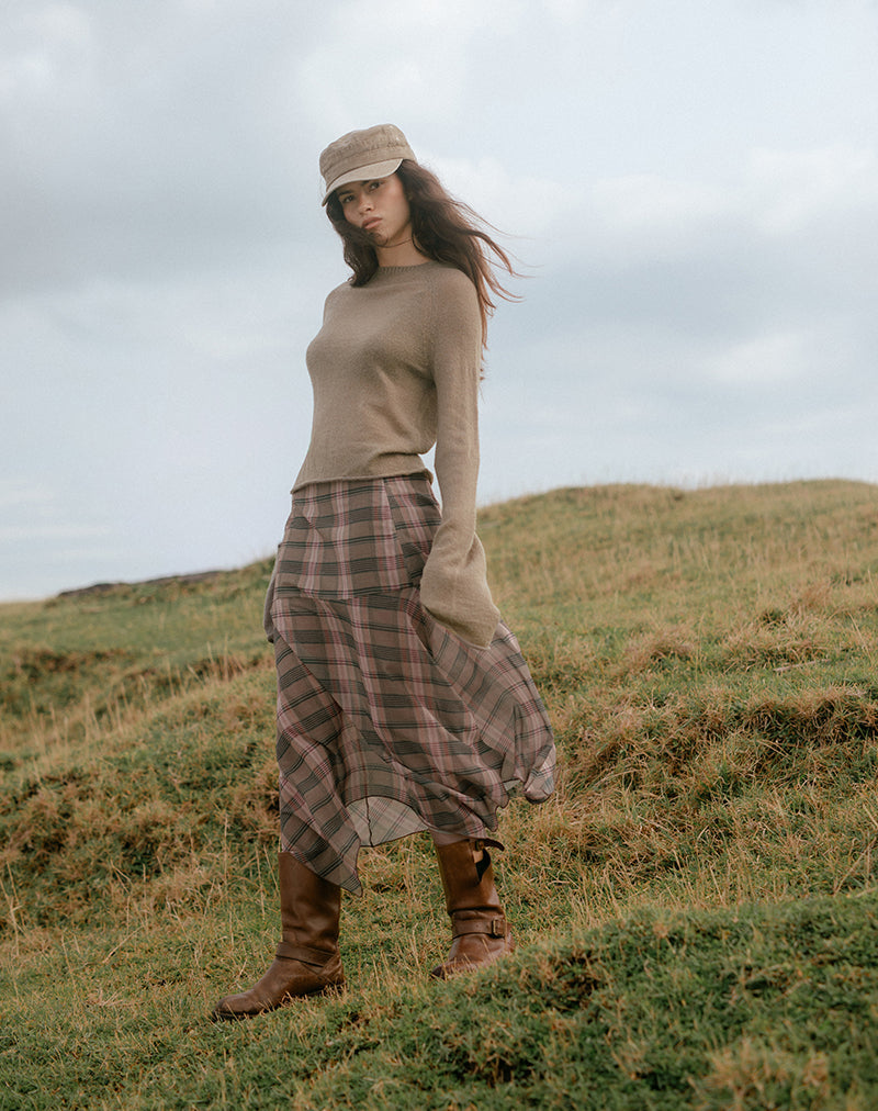 Sedra Midi Skirt in Brown and Pink Blurry Check