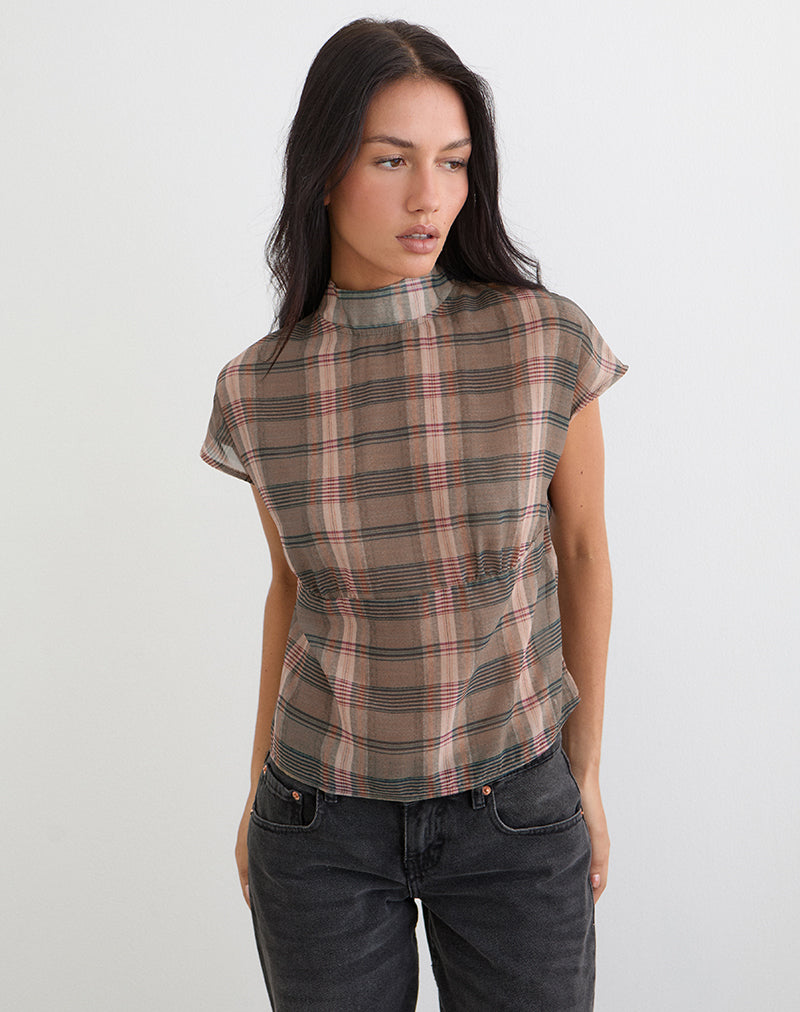 Sekala Top in Braun und Rosa mit verschwommenem Karomuster